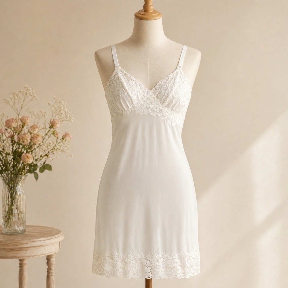 Pinehurst Lingerie Full Slip White Lace Non Run Tricot Nylon Sz 34 Vintage USA